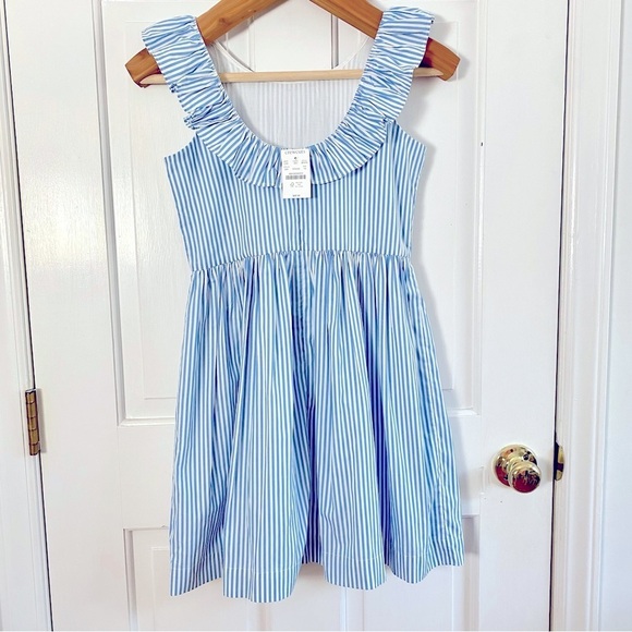 J. Crew Crewcuts Girl's Blue White Stripe Cotton Sleeveless Ruffle Dress Size 10 - Picture 2 of 12